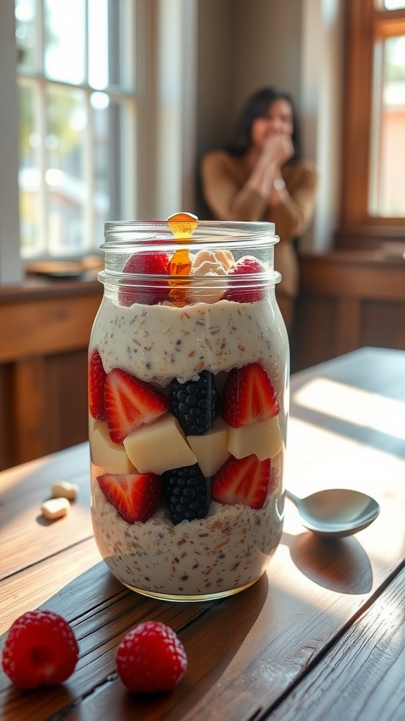 A jar of creamy overnight oats topped with fresh berries and nuts on a wooden table.